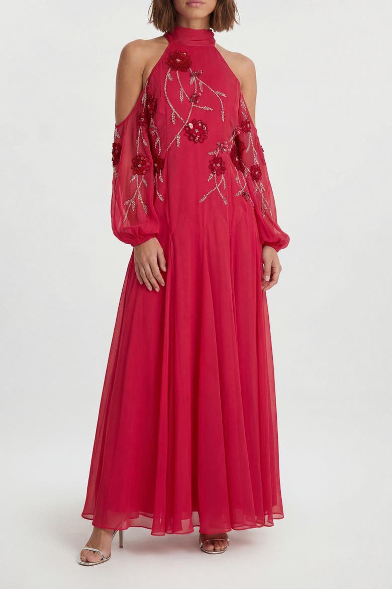 Petite 3D Floral Appliqué Maxi Dress, Alternate, color, Hot Pink