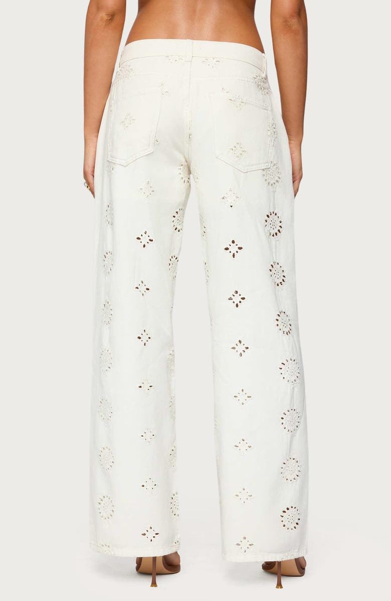 EDIKTED Eyelet Embroidered Low Rise Wide Leg Jeans, Alternate, color, White