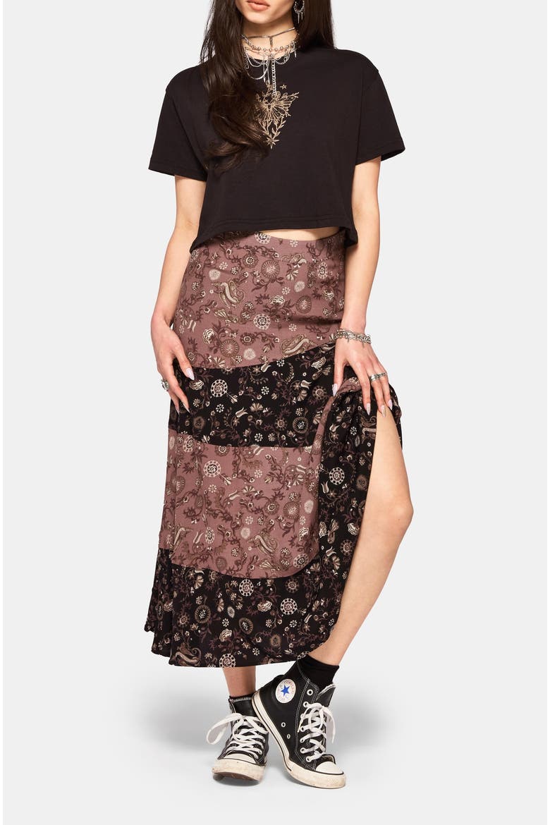 Sylra Ditsy Folk Spliced Midi Skirt, Alternate, color, Black