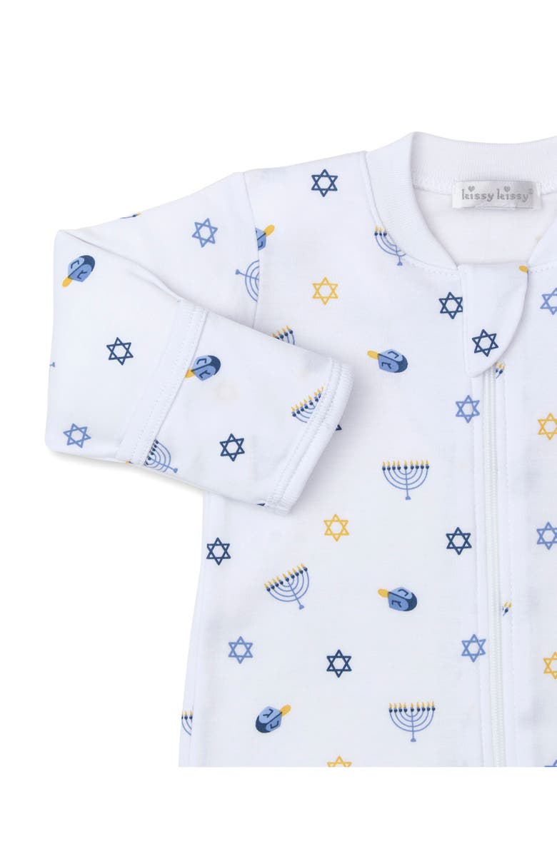 Kissy Kissy Hanukkah Print Pima Cotton Zip Footie, Alternate, color, Blue