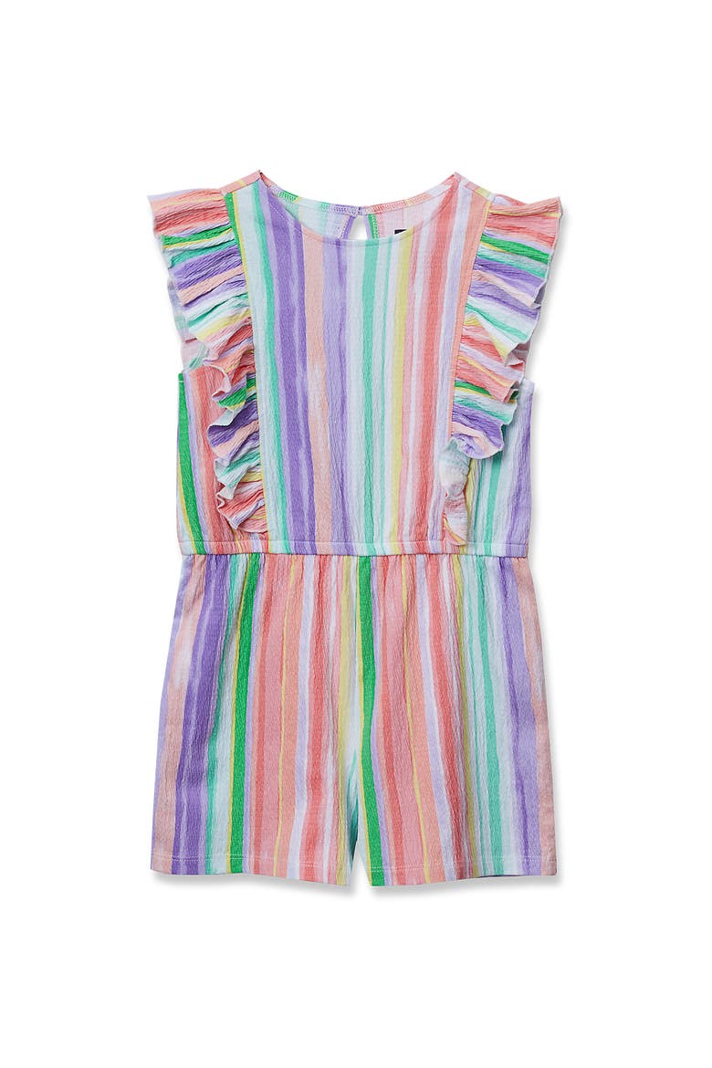 Girls Sleeveless Ruffle Knit Romper, Alternate, color, Watercolor Stripe