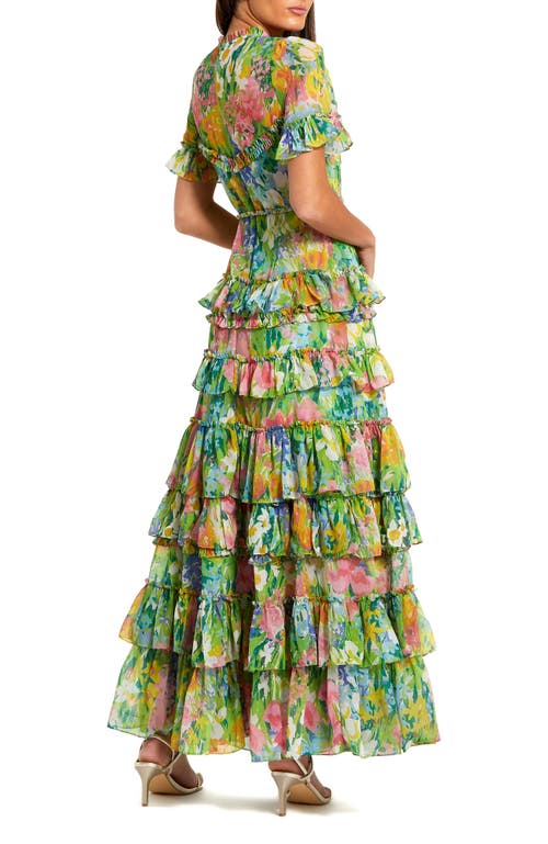Mac Duggal Floral Printed Chiffon Tiered Ruffle Gown In Green Multi