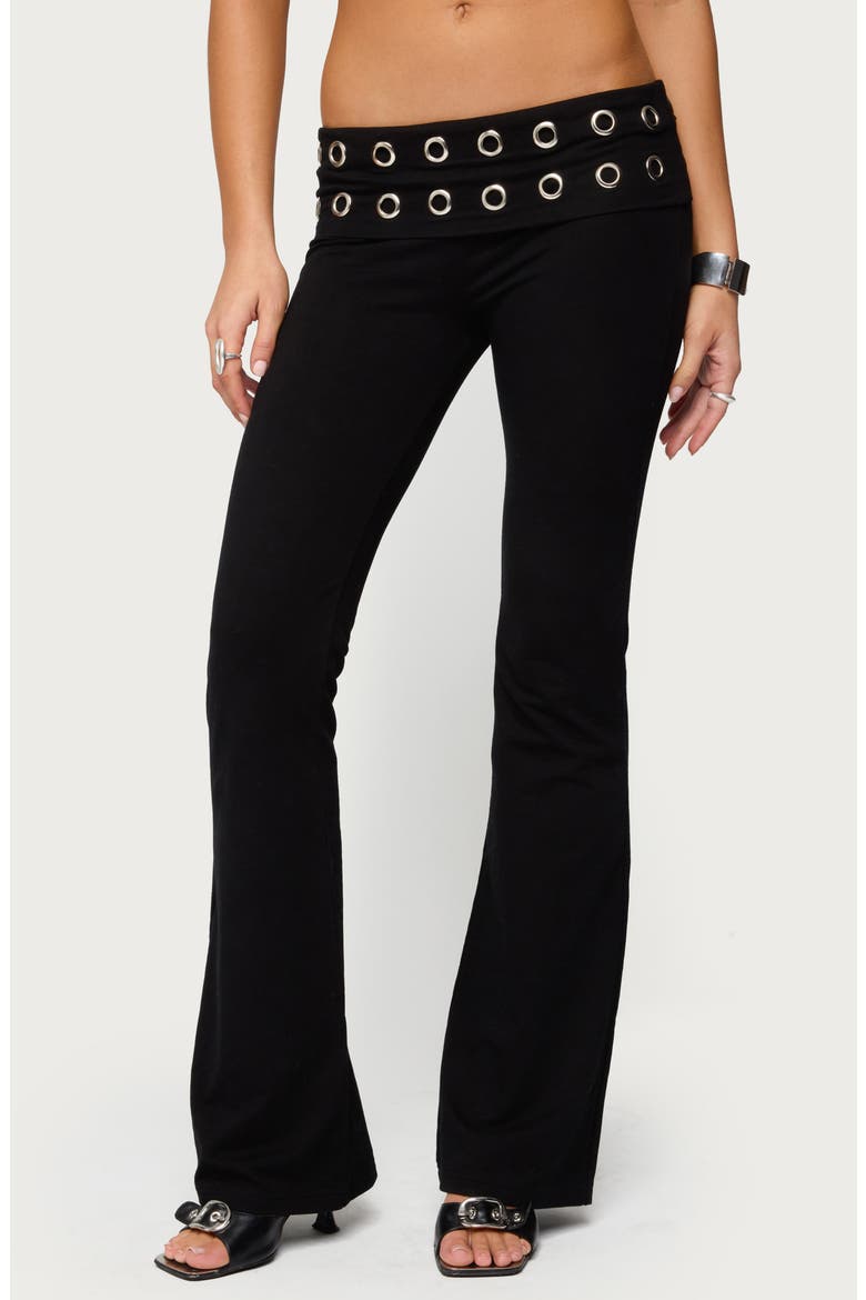 Nairobi Grommet Foldover Low Rise Flare Pants, Main, color, BLACK
