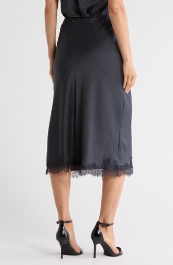 Lace Trim Satin Midi Skirt