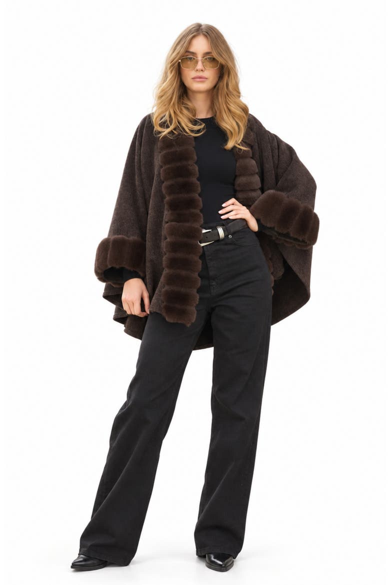 Faux Fur Trim Cape, Alternate, color, DARK BROWN