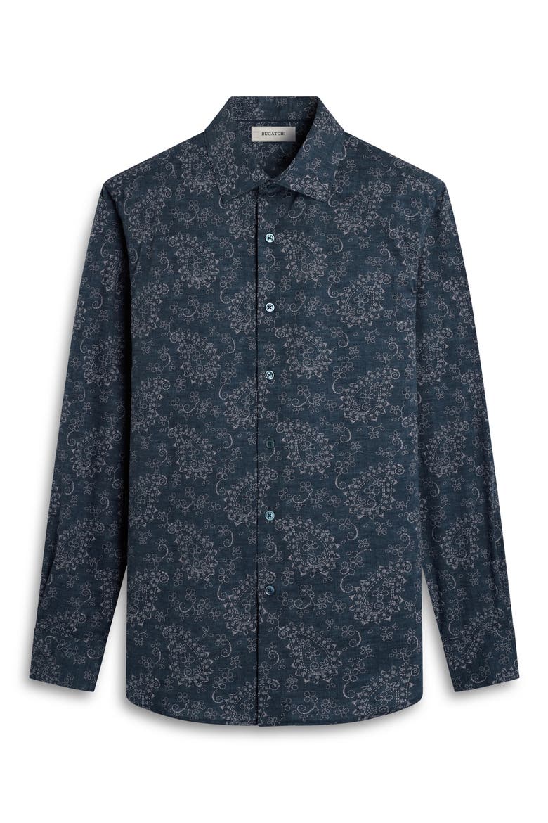 Axel Trim Fit Paisley Stretch Cotton Button-Up Shirt, Alternate, color, NAVY