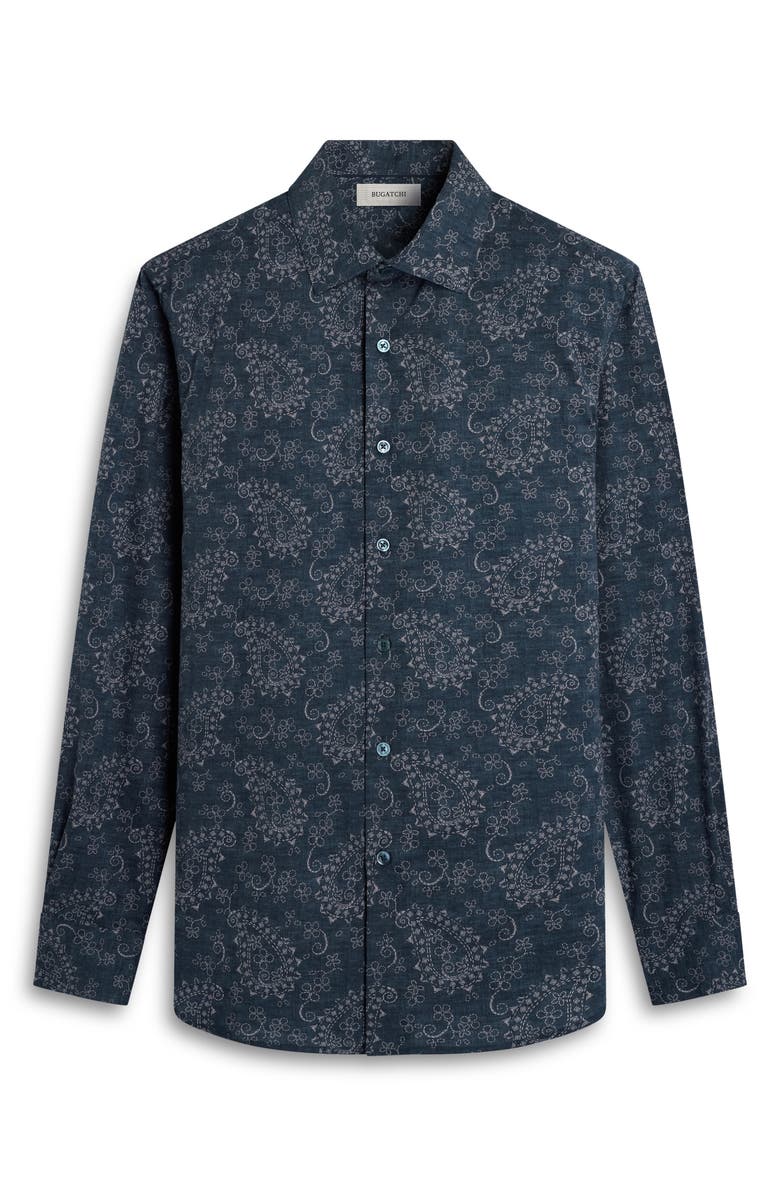Bugatchi Axel Trim Fit Paisley Stretch Cotton Button-Up Shirt, Alternate, color, Navy