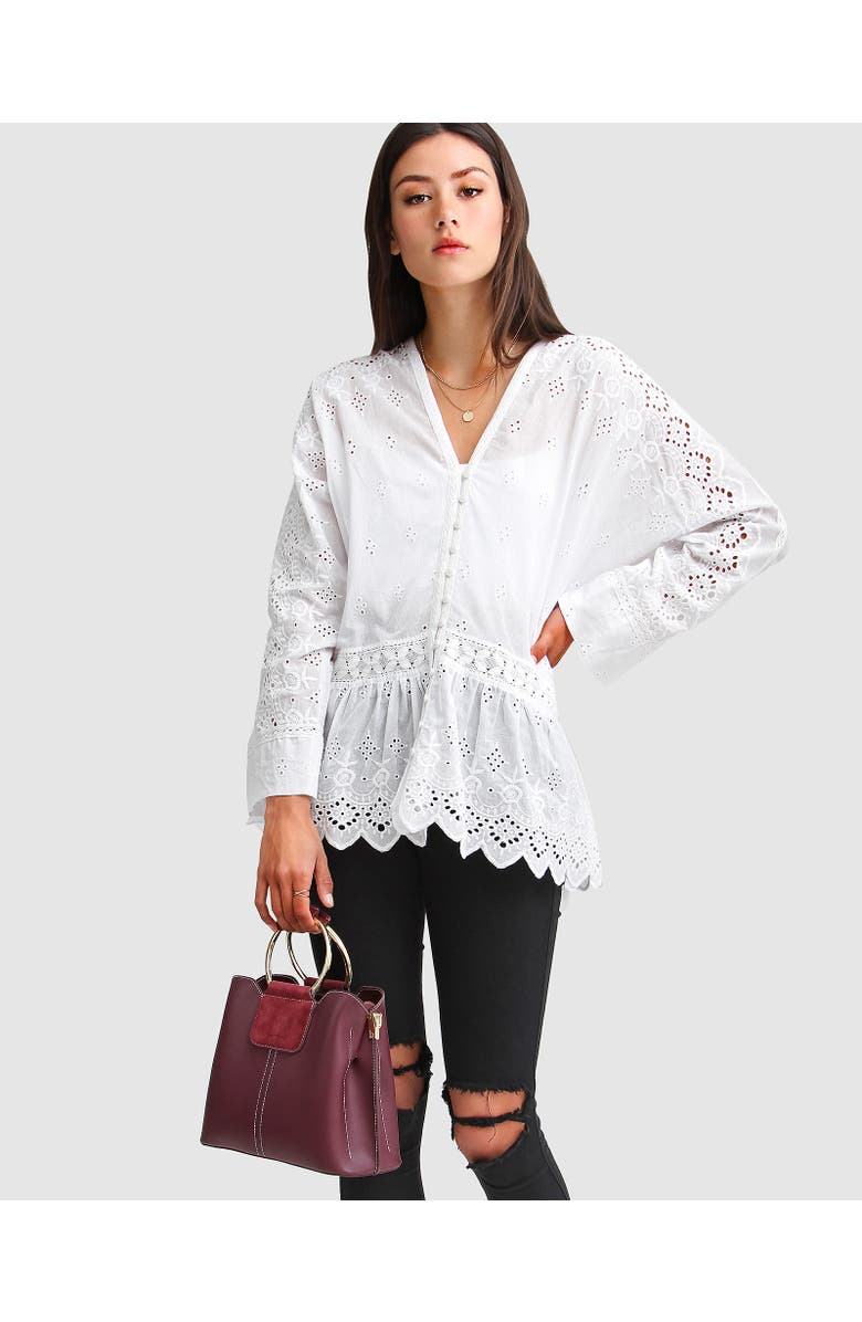 Belle & Bloom Unbutton Me Eyelet Button Down Shirt, Alternate, color, White