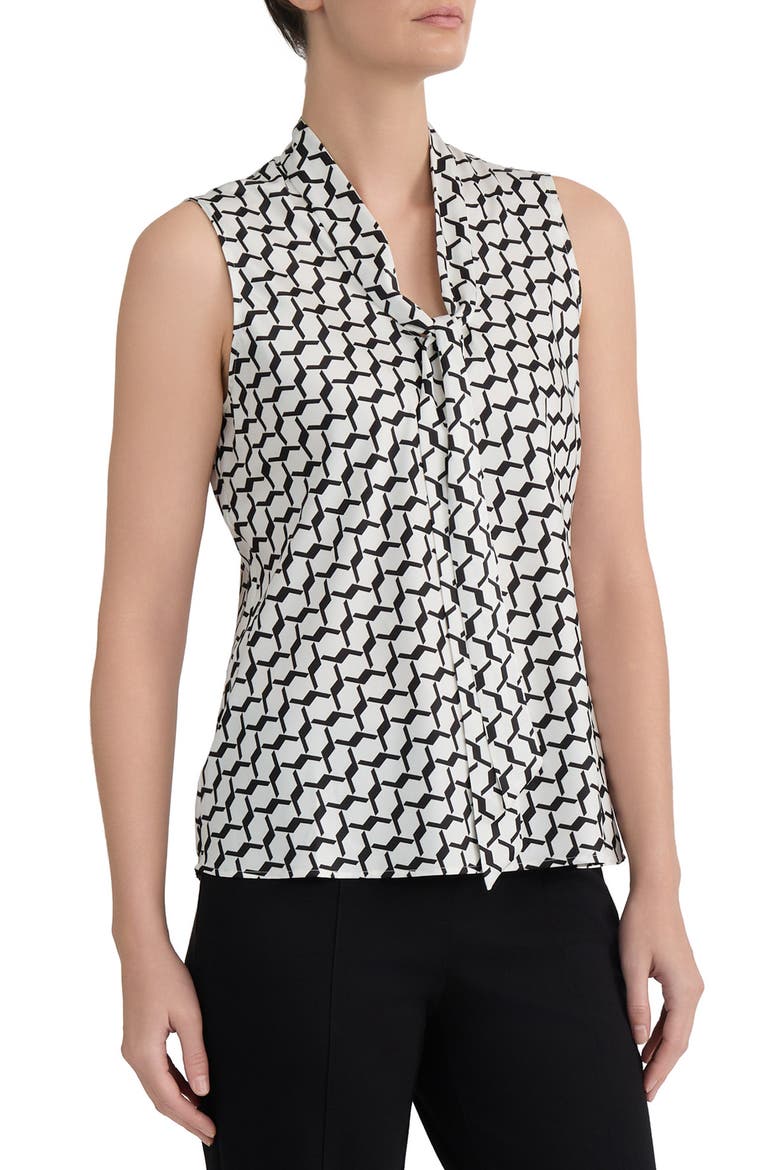 Geometric Print Tie Neck Satin Top, Alternate, color, VANILLA ICE/ BLACK