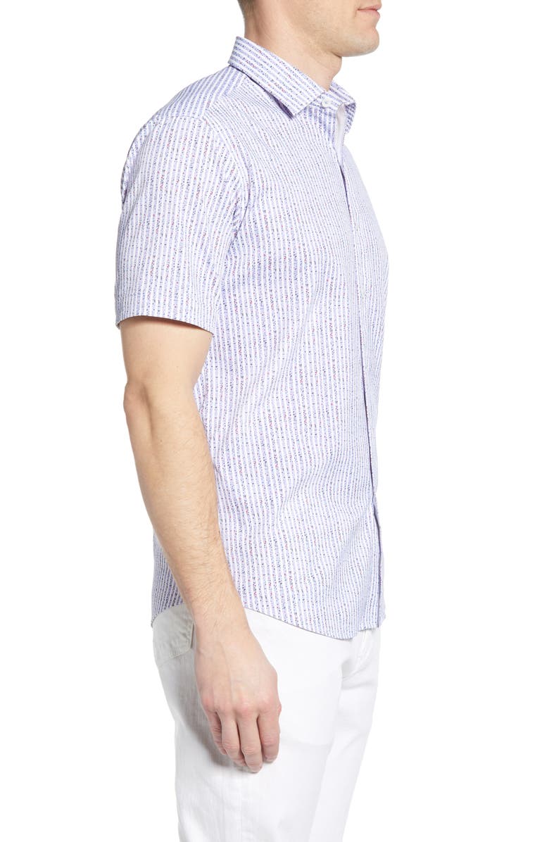 Bugatchi Shaped Fit Stripe Short Sleeve Button-Up Shirt, Alternate, color, Air Blue