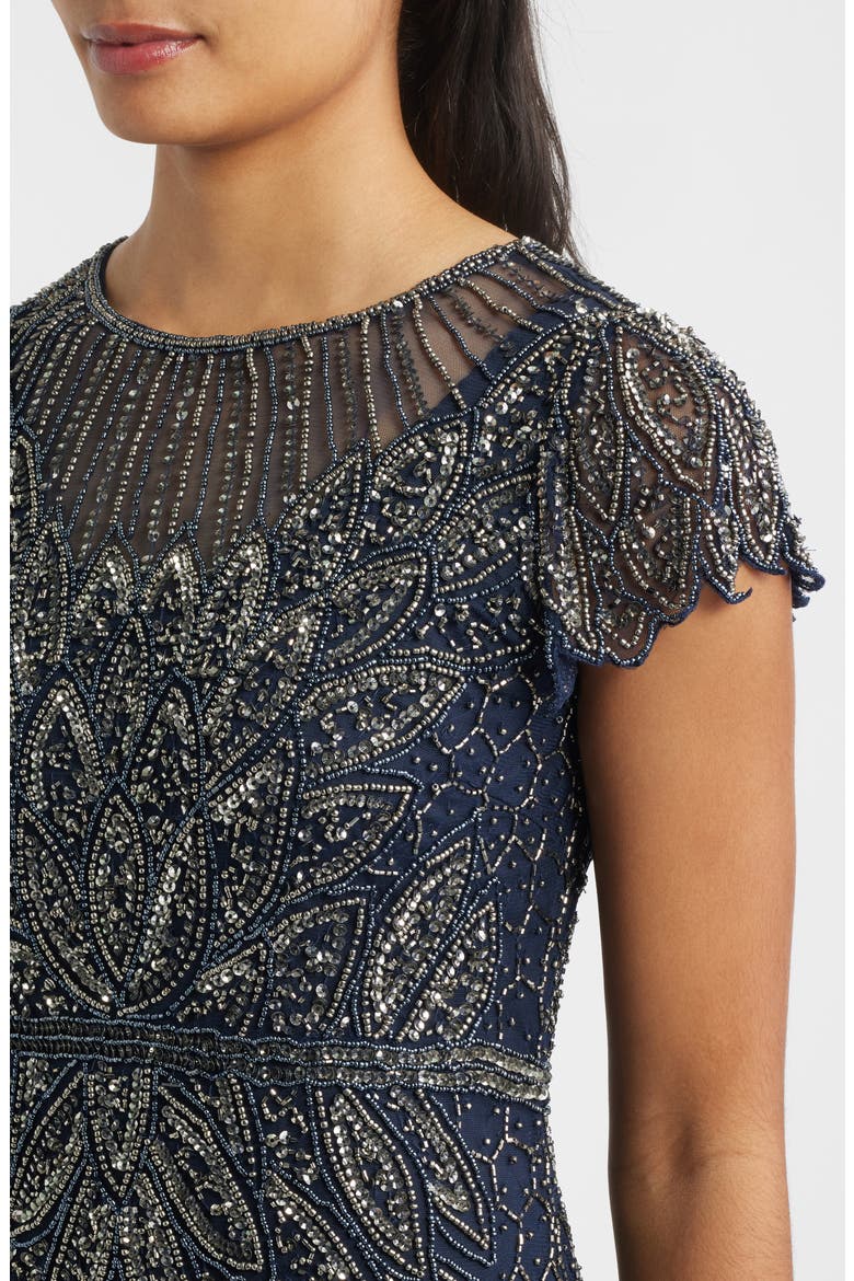 Beaded Cap Sleeve Column Gown, Alternate, color, NAVY