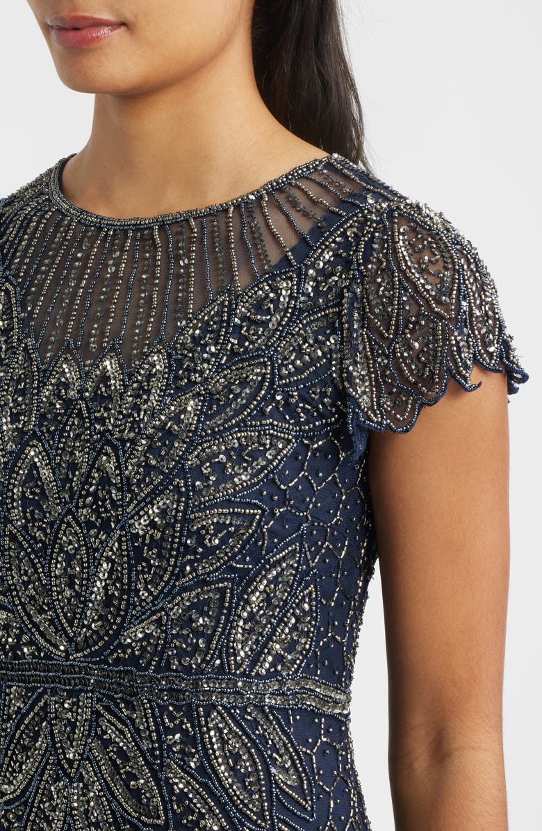 Pisarro Nights Beaded Cap Sleeve Column Gown, Alternate, color, Navy