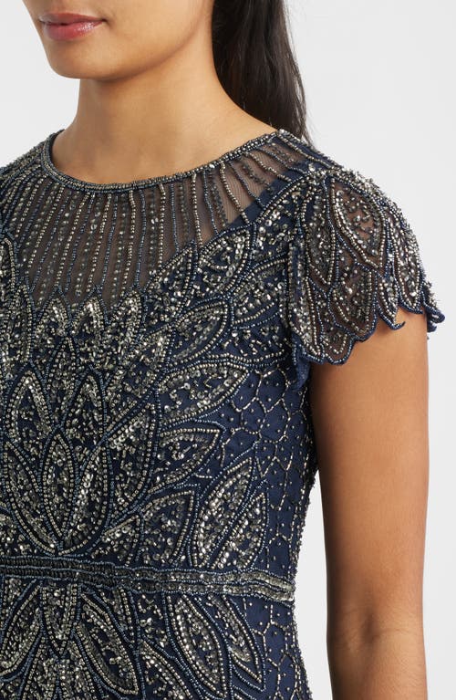 Pisarro Nights Beaded Cap Sleeve Column Gown In Blue