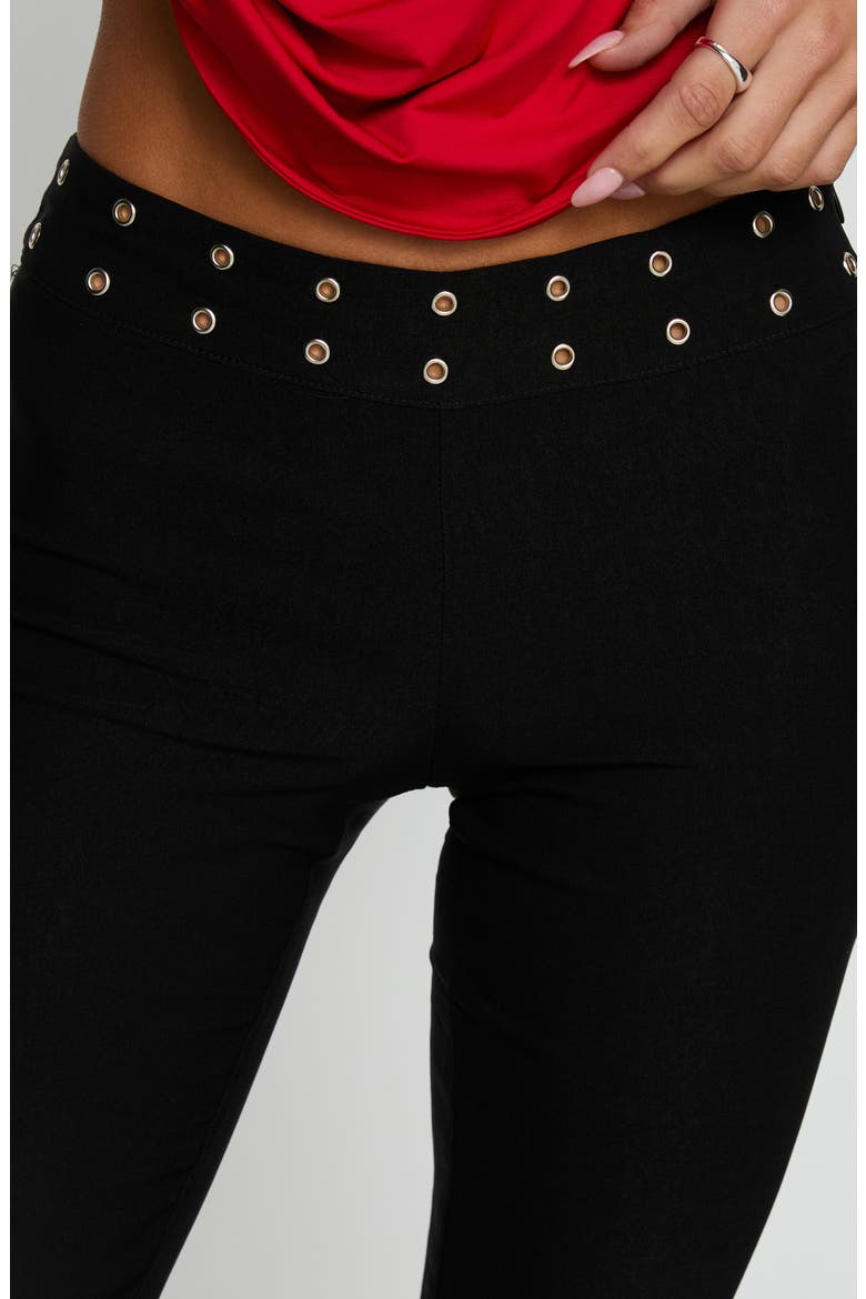 Yevina Grommet Waist Low Rise Flare Pants, Alternate, color, BLACK