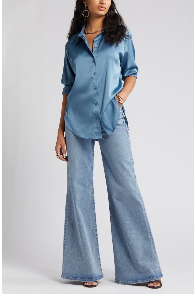 Satin Button-Up Shirt, Main, color, BLUE STONE