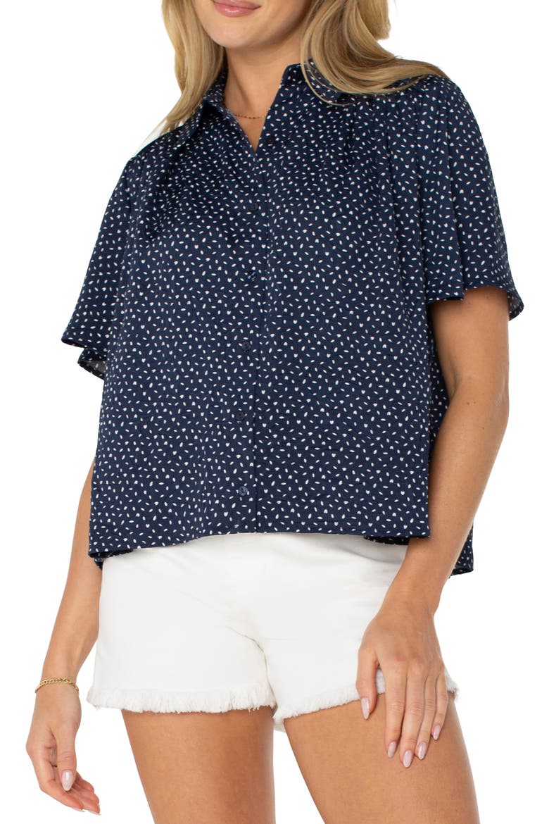 Print Short Sleeve Button-Up Shirt, Main, color, NAVY WHITE DITSY