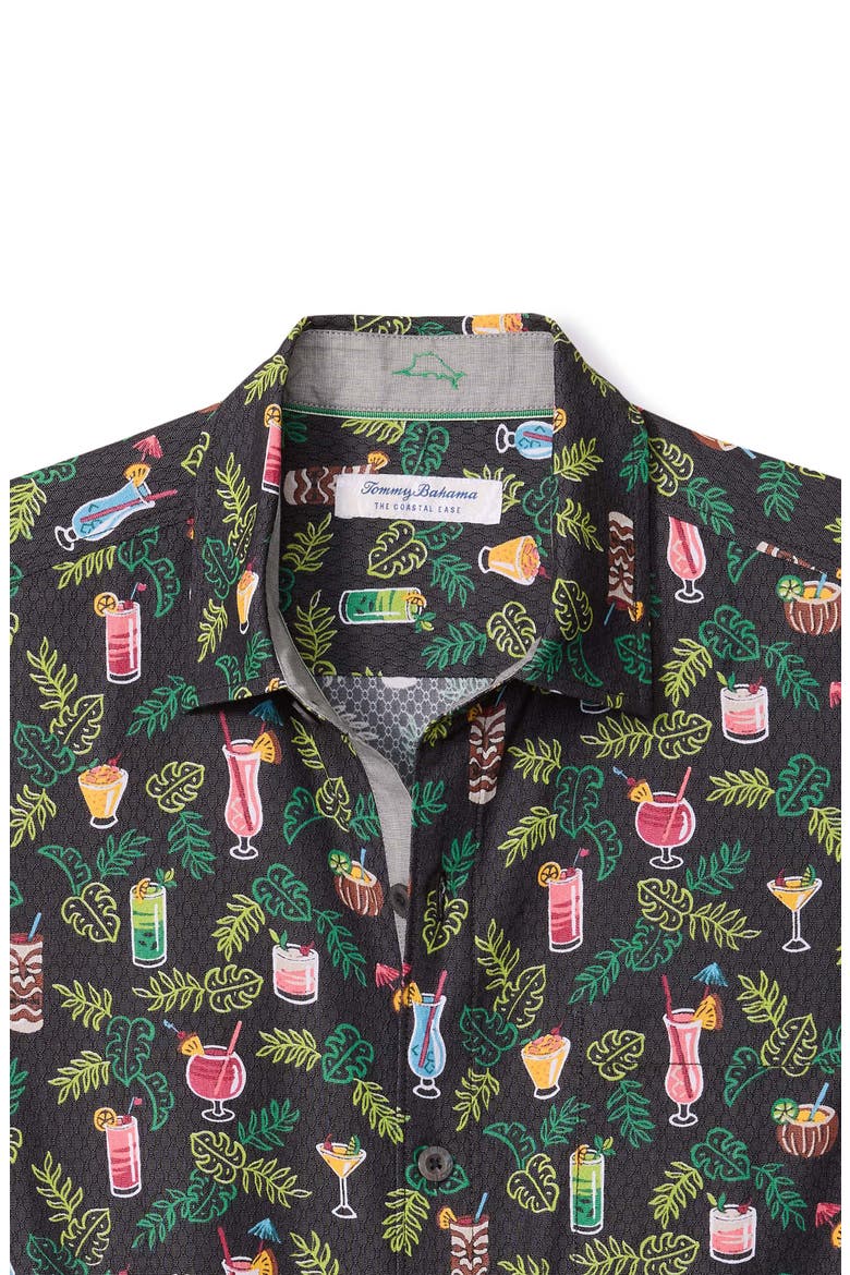 Coastal Ease Midnight Mojito Cocktail Print IslandZone® Short Sleeve Button-Up Shirt, Alternate, color, MATTE BLACK