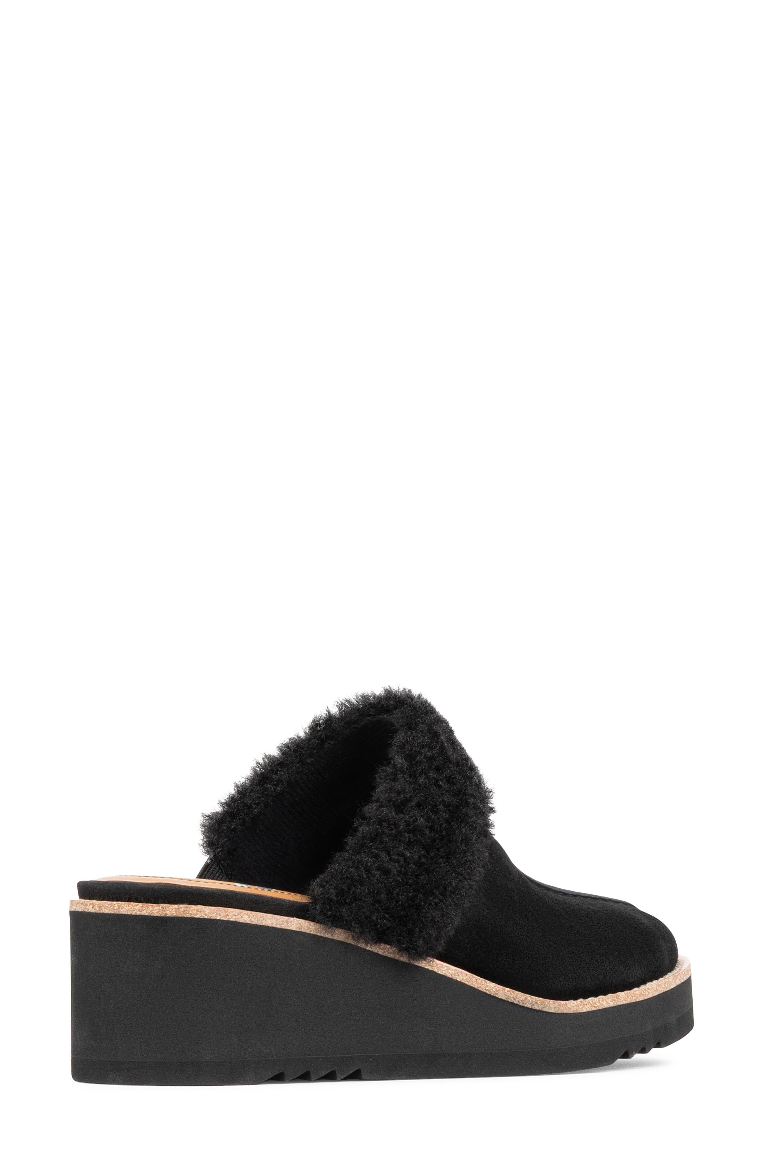 Elate Faux Shearling Trim Wedge Mule, Alternate, color, BLACK