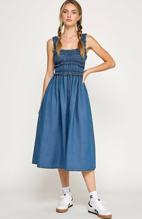 Modenaire Smocked Midi Dress With Ruffled Straps And Gathered Skirt In Blue