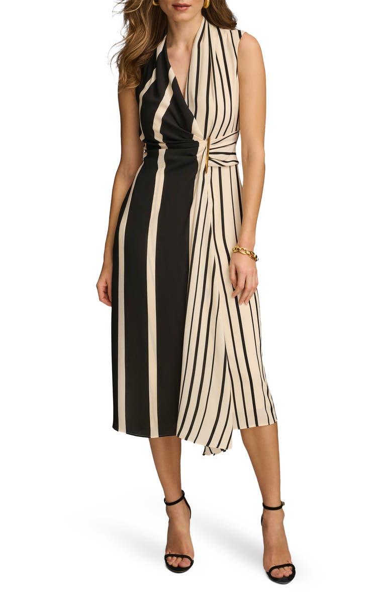 Donna Karan New York Stripe Faux Wrap Midi Dress, Main, color,