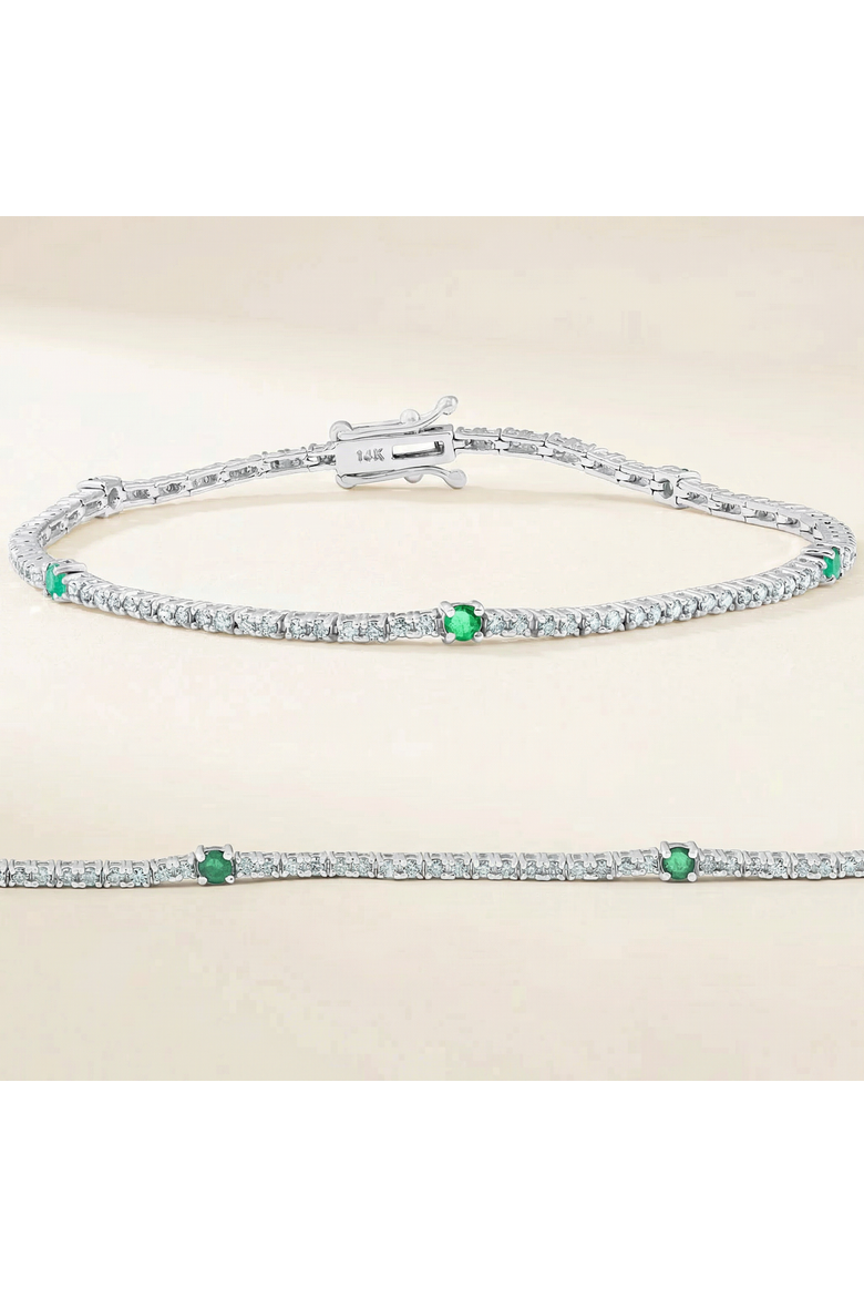 1 1/10 Ct Diamond & Green Emerald Tennis Bracelet 14k Gold 7" Lab Grown, Alternate, color, 14k White Gold