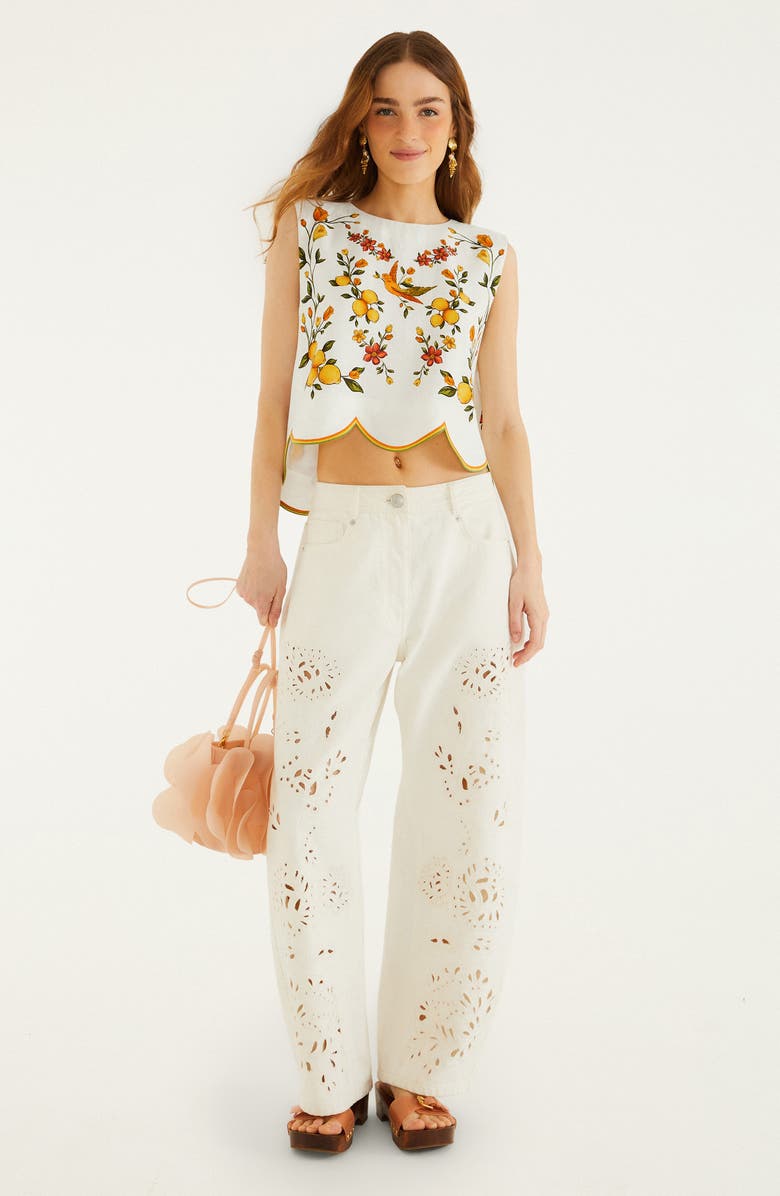 FARM Rio Lemon Bouquet Floral Linen Blend Crop Top, Alternate, color, Lemon Bouquet Off-White