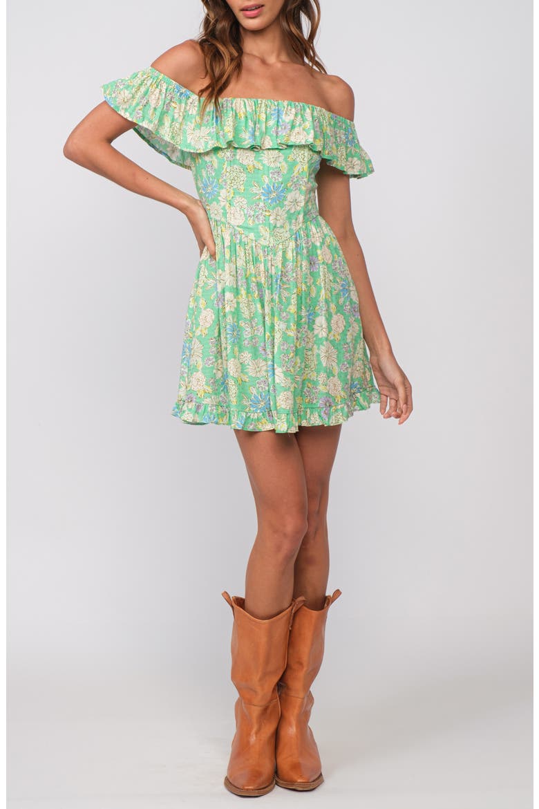 Floral Ruffle Off the Shoulder Minidress, Main, color, LIGHT GREEN