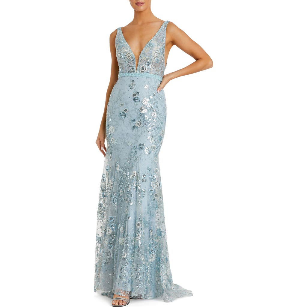 Mac Duggal Floral Embellished Sleeveless Plunge Neck Gown In Seafoam