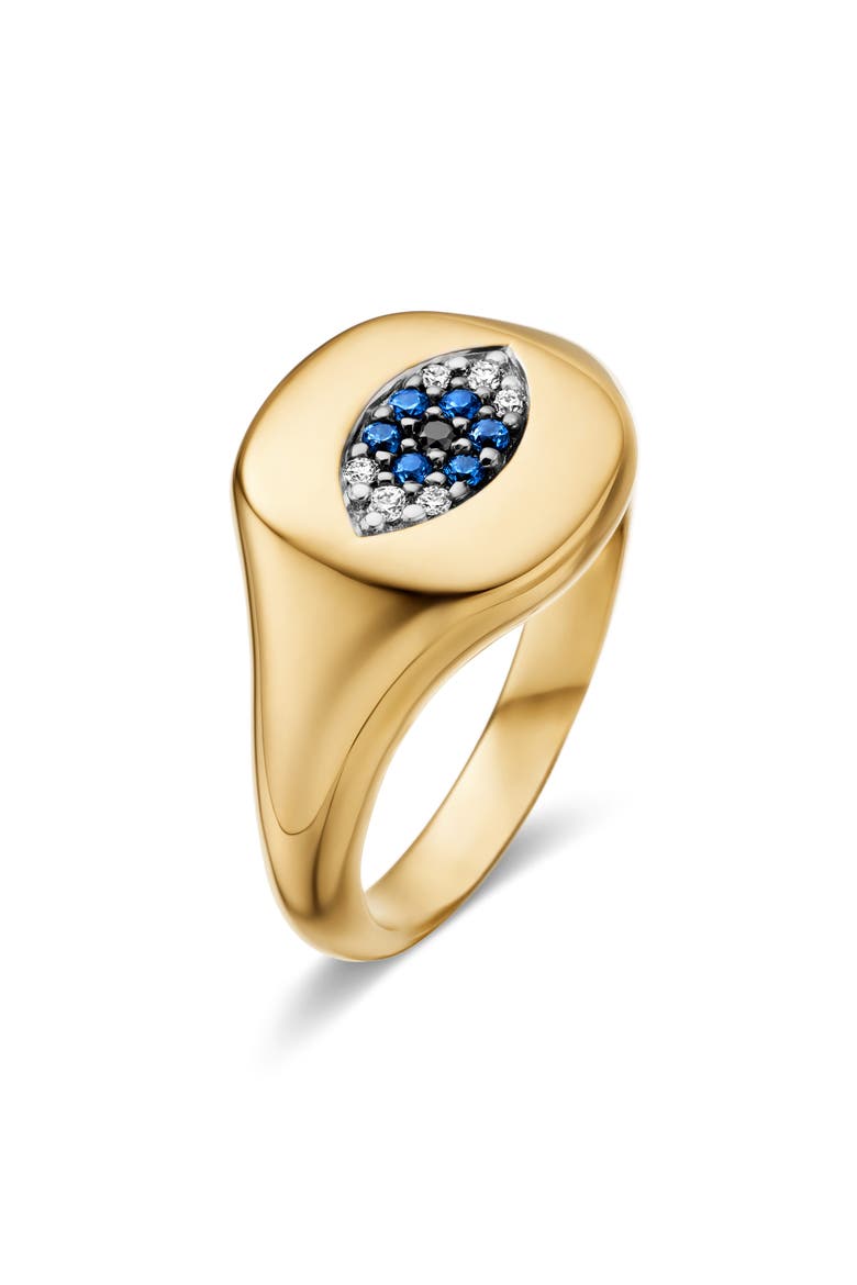 Cable Collectibles Evil Eye Mini Pinky Ring in 18K Gold with Diamonds, Alternate, color, LIGHT BLUE SAPPHIRE