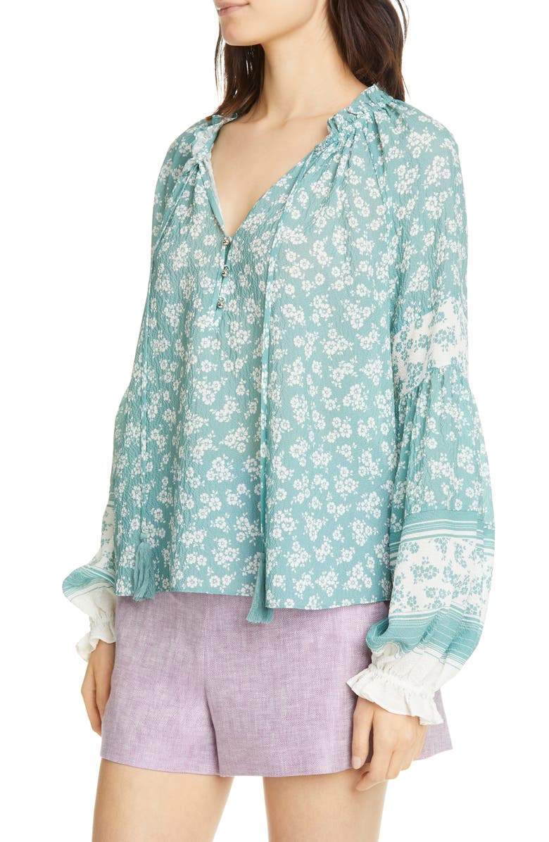 Veronica Beard Kalina Floral Print Stretch Silk Peasant Top, Alternate, color, 