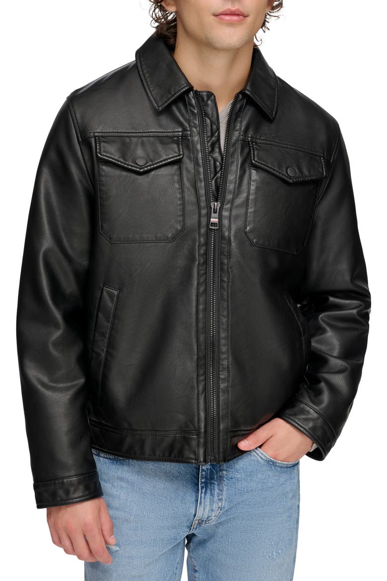 Faux Leather Trucker Jacket, Main, color, BLACK