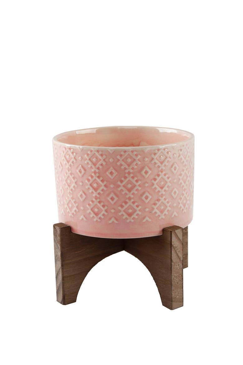 5" Geo Ceramic Planter on Wood Stand, Main, color, PINK