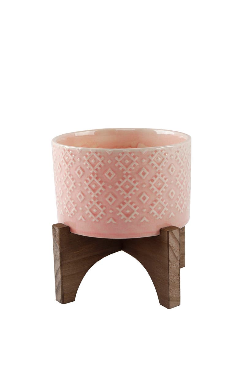 FLORA BUNDA 5" Geo Ceramic Planter on Wood Stand, Main, color, Pink