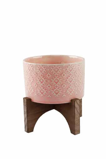 FLORA BUNDA 5" Geo Ceramic Planter on Wood Stand