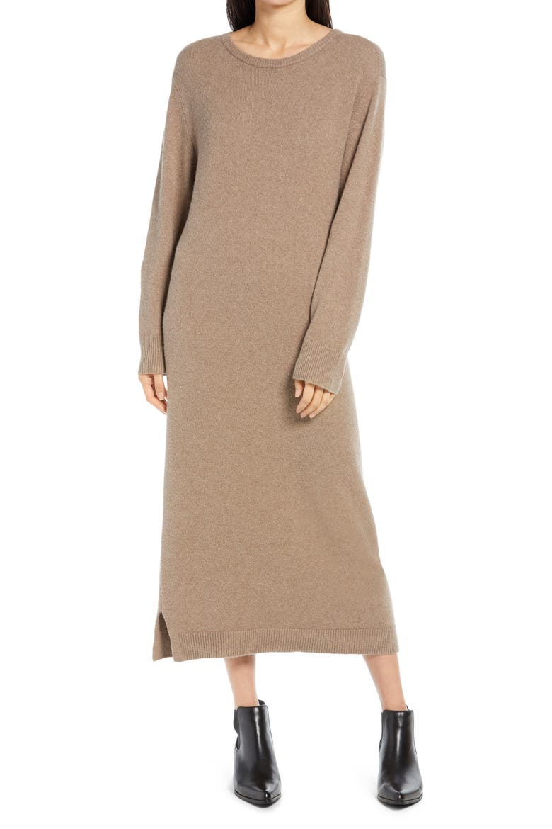 Crewneck Long Sleeve Sweater Dress, Main, color, BROWN SHITAKE HEATHER