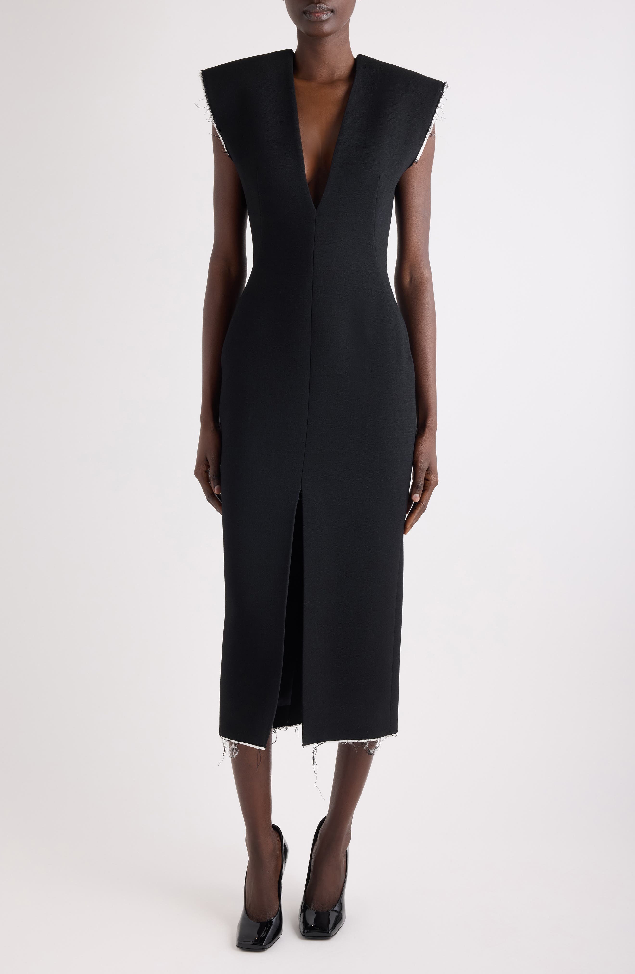 Raw Edge Wool Blend Crepe Sheath Dress
