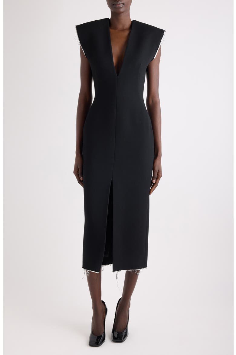 Raw Edge Wool Blend Crepe Sheath Dress, Main, color, BLACK