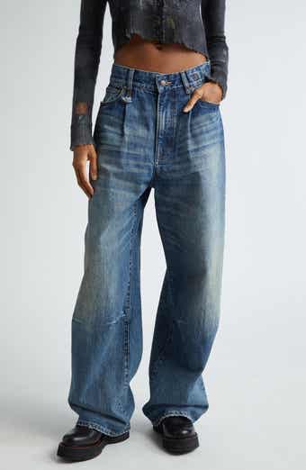R13 Wayne Distressed Pleated Wide Leg Jeans