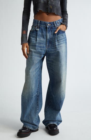 R13 Wayne Distressed Pleated Wide Leg Jeans In Blue