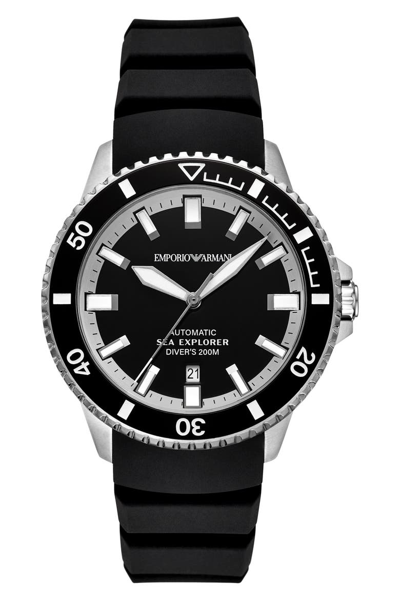 Sea Explorer Silicone Strap Automatic Diving Watch, 42.5mm, Main, color, SILVER
