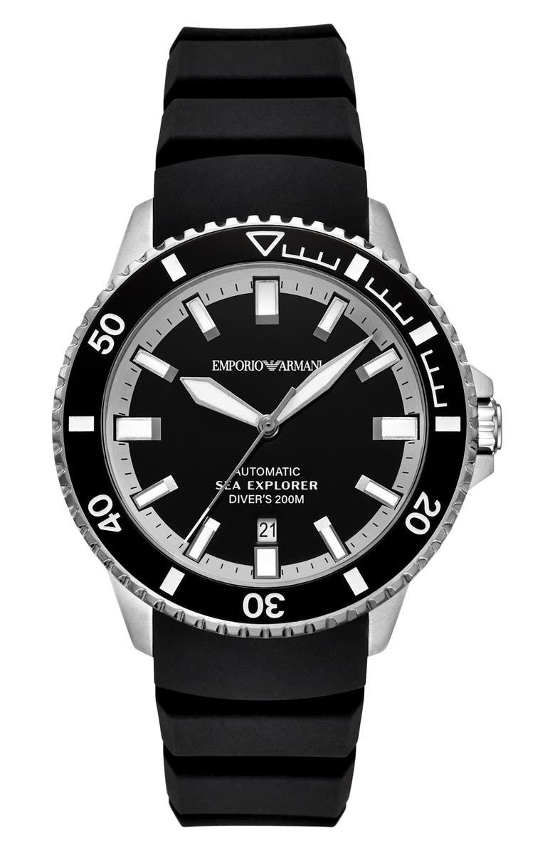 Emporio Armani Sea Explorer Silicone Strap Automatic Diving Watch, 42.5mm, Main, color, Silver