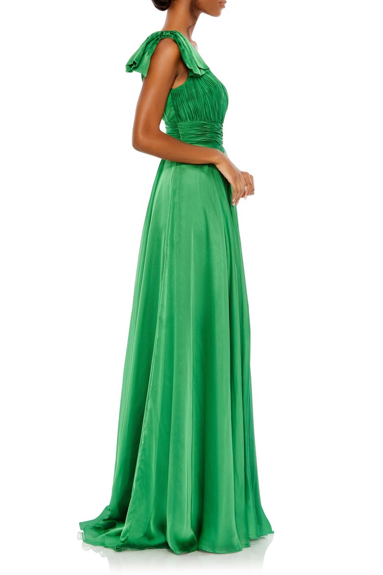 One Shoulder Pleated Chiffon Gown with Draped Waist and High Slit, Alternate, color, EMERALD