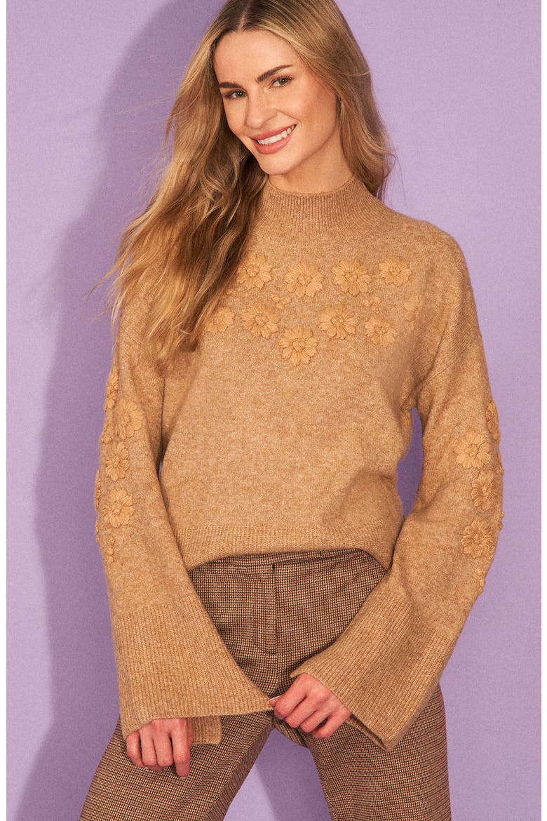 Floral Embroidered Mock Neck Sweater, Alternate, color, LATTE HEATHER BROWN