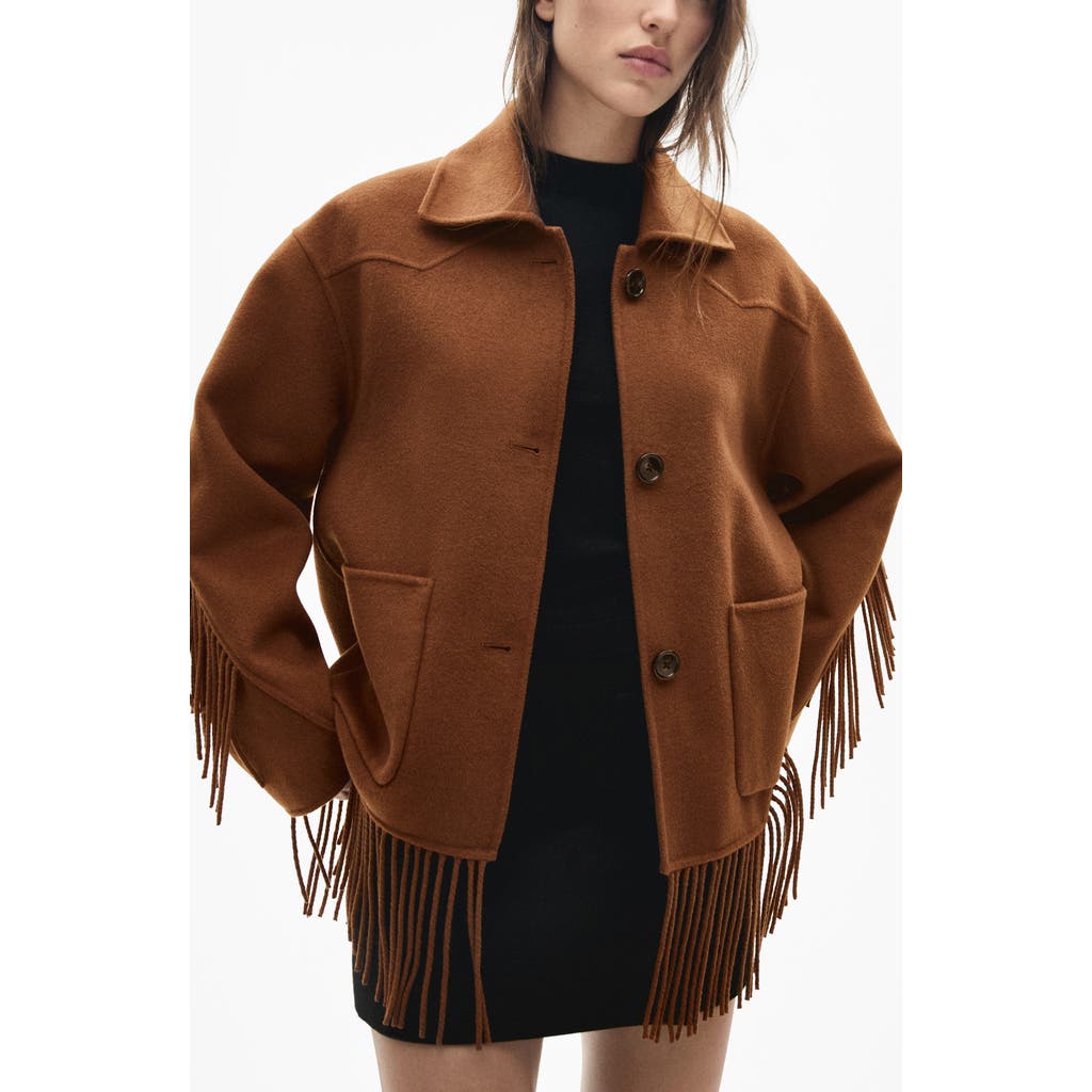 Mango Fringed Wool Blend Coat In Tobacco Brown