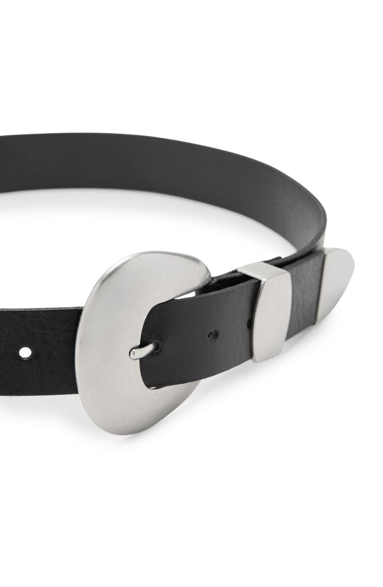 MANGO x Kaia Gerber Oval Buckle Leather Belt, Alternate, color, Black