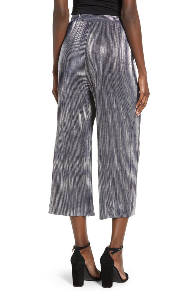 Metallic Mini Pleat Gaucho Crop Pants, Alternate, color, SILVER