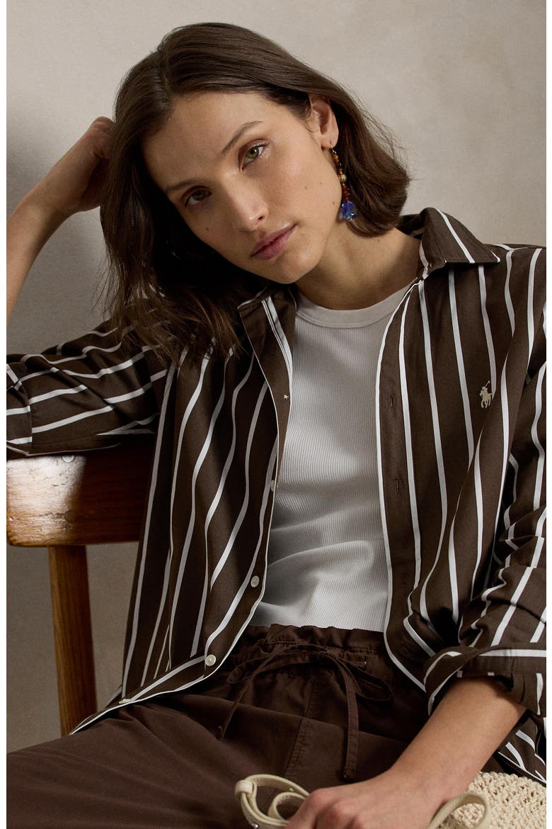 Relaxed Fit Stripe Cotton Button-Up Shirt, Alternate, color, DARK BROWN/ WHITE