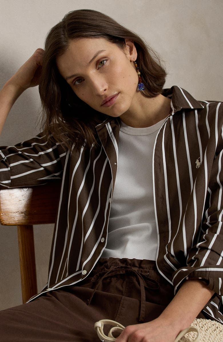 Polo Ralph Lauren Relaxed Fit Stripe Cotton Button-Up Shirt, Alternate, color, Dark Brown/ White