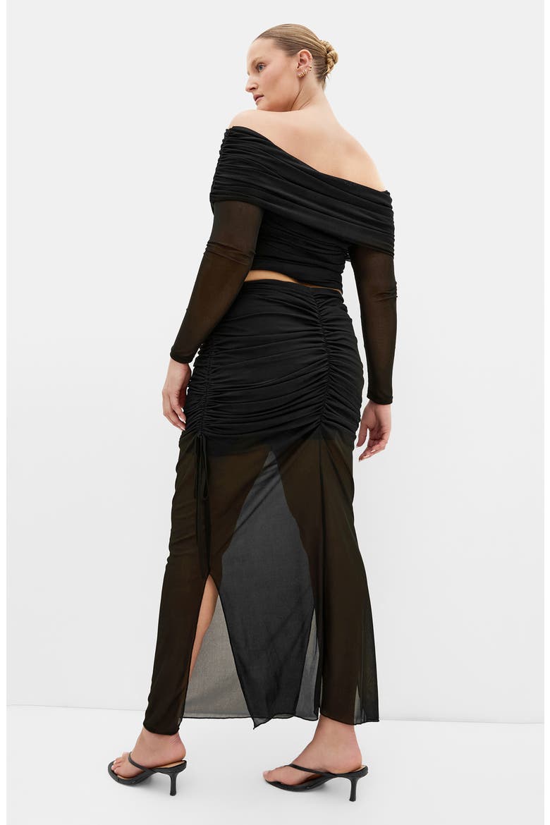 Shelly Ruched Mesh Midi Skirt, Alternate, color, BLACK