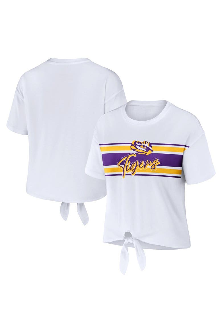 Women's WEAR by Erin Andrews White LSU Tigers Striped Front Knot Cropped T-Shirt, Main, color, White
